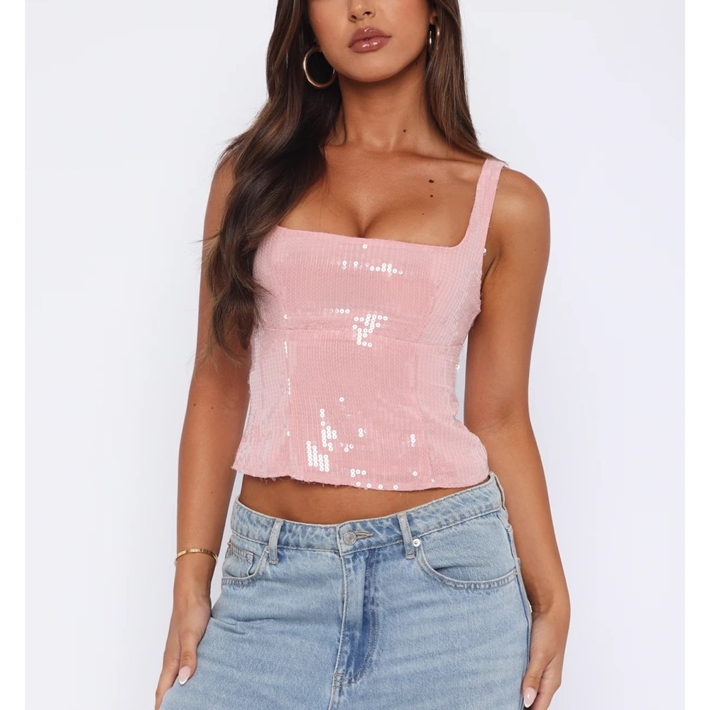 White Fox sequin bustier, size Medium, pink.